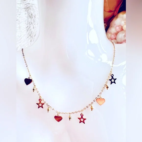 Heart and Star Station Necklace 💛 Real 18 Karat Solid Gold Jewelry 💛 - Picture 1 of 6